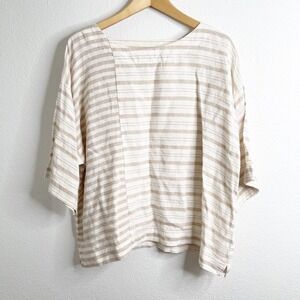 Pure Jill Linen Striped Boxy Top Tan Cream Boat Neck Womens Small